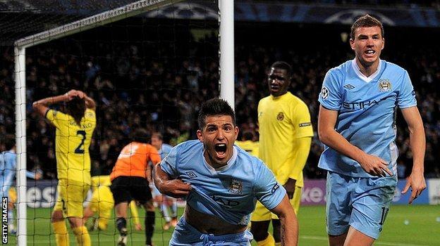 Sergio Aguero celebrates his first Champions League for Manchester City