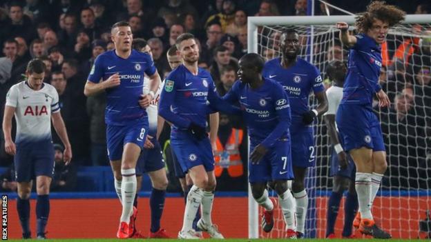 Chelsea's players celebrate scoring against Tottenham