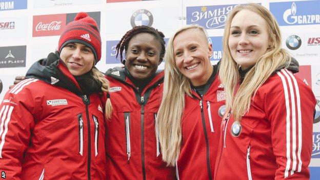 Genevieve Thibault, Cynthia Appiah, driver Kaillie Humphries and Melissa Lotholz