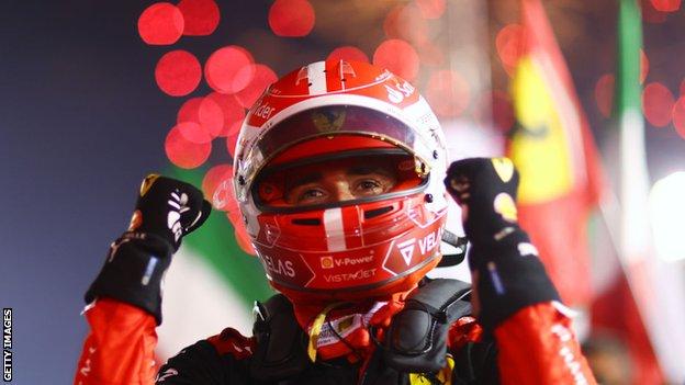 Charles Leclerc celebrates winning the Bahrain Grand Prix