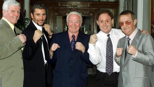 Jim McCourt (left) pictured in 2001 with other Olympic boxing medallists from Belfast, Wayne McCullough, Freddie Gilroy, Hugh Russell and John Caldwell