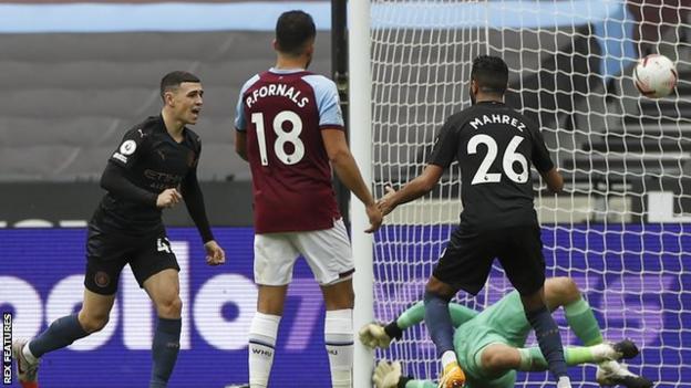 Phil Foden scores for Manchester City against West Ham