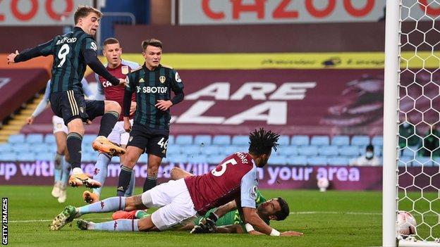 Patrick Bamford scores his first goal for Leeds against Aston Villa