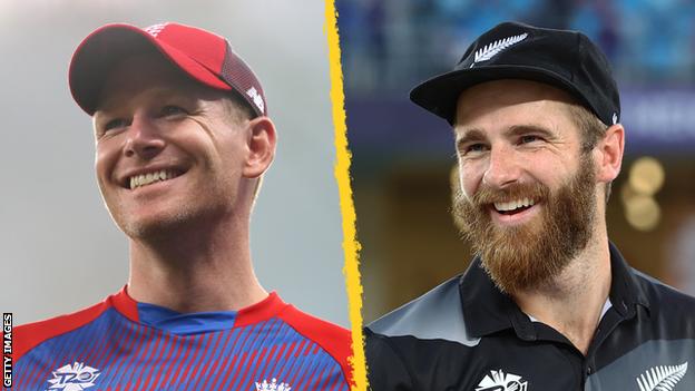 A split image of England captain Eoin Morgan (left) and New Zealand captain Kane Williamson (right) both smiling