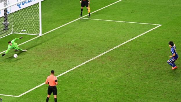 Croatia keeper Dominik Livakovic saves Kaoru Mitoma's penalty