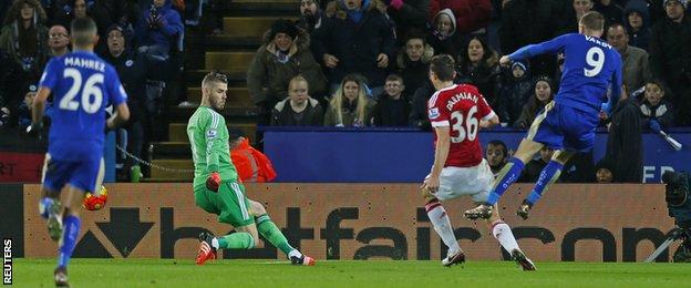 Jamie Vardy scores against Manchester United