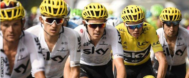Luke Rowe (centre) has helped Chris Froome (in yellow) during three of his Tour de France victories