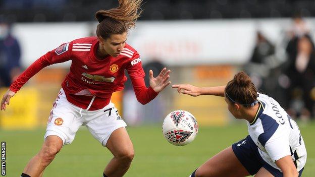 Manchester United's Tobin Heath in action against Tottenham