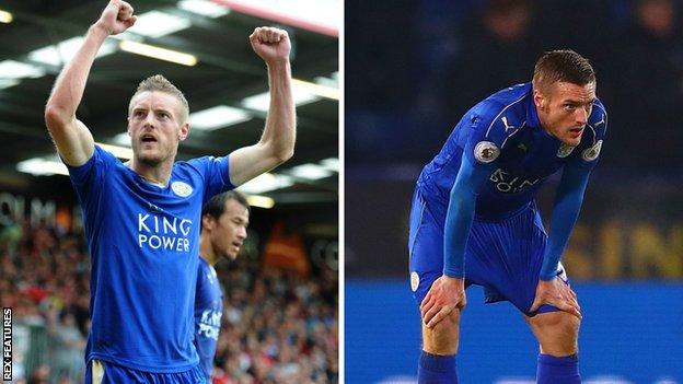 Jamie Vardy celebrating (left) and looking dejected (right)