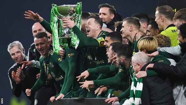 Callum McGregor (centre) claimed his first trophy as Celtic captain when winning the League Cup in December