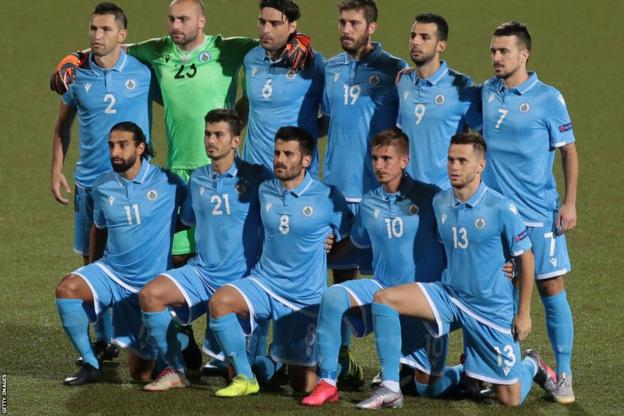 San Marino national team line up for a game against Liechtenstein in September 2020