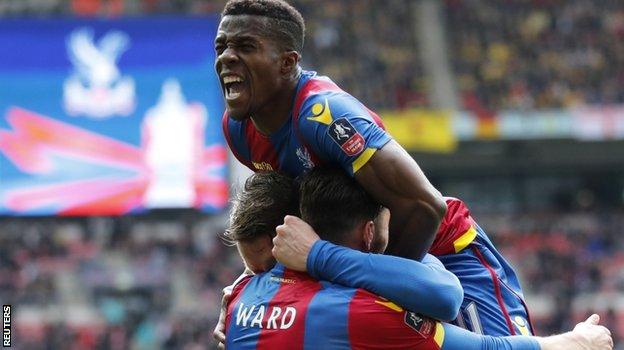 Wilfried Zaha celebrates Connor Wickham's goal for Palace in their FA Cup semi-final win over Watford