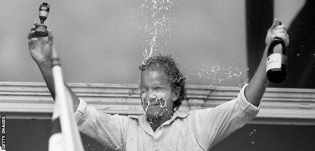 David Gower celebrates Ashes victory in 1985