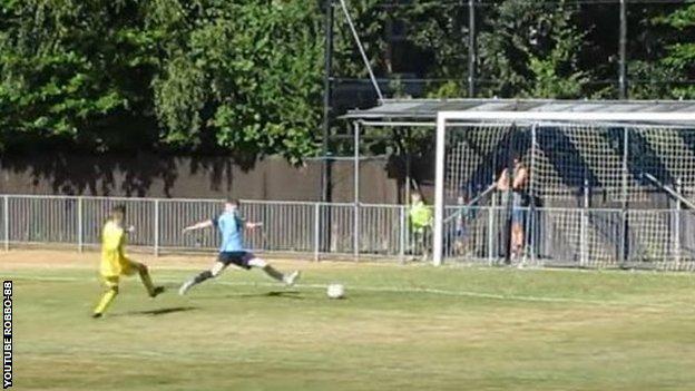 16-year-old Finn Smith of Newport (IoW) FC scoring on his debut against Fleet Town in the FA Cup extra preliminary round