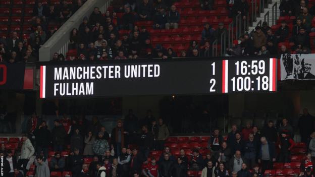 Scoreboard showing Fulham have beat Manchester United 2-1 at Old Trafford