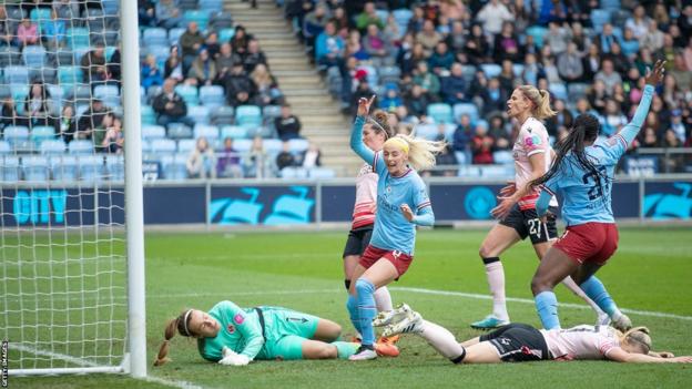 Chloe Kelly viert een doelpunt voor Manchester City Women