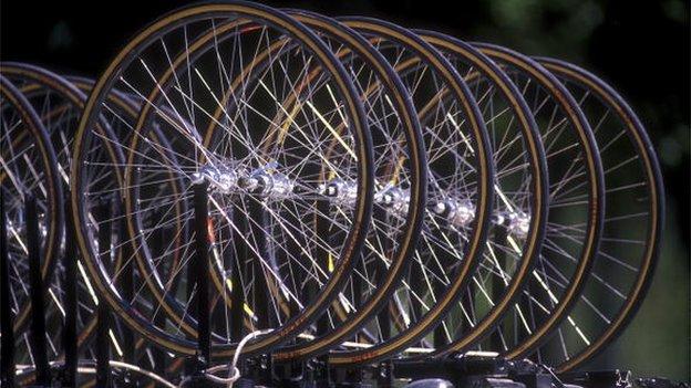 Bike wheels on a rack