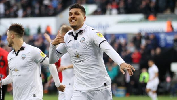 Joel Piroe celebrates his first goal against Preston
