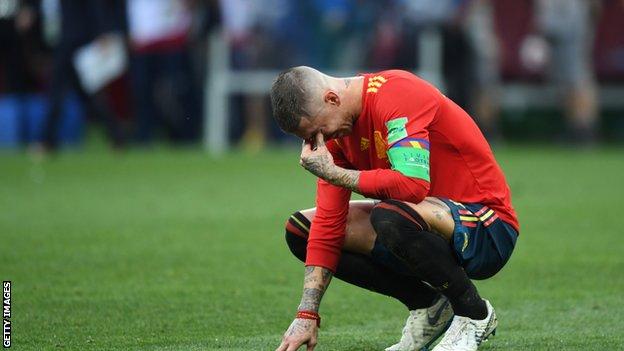 Sergio Ramos reacts at the final whistle