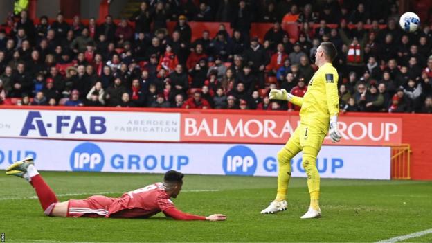 Bojan Miovski scores for Aberdeen against Rangers