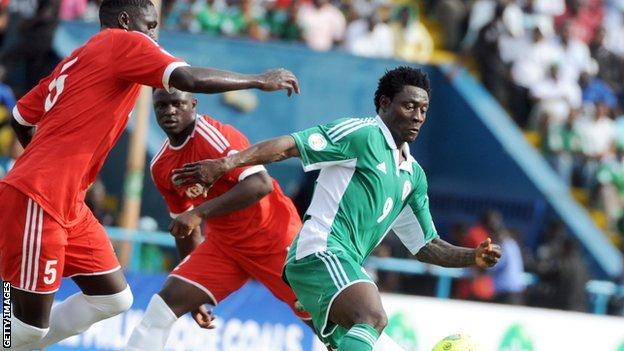 Obafemi Martins (R) playing for Nigeria in a World Cup qualifier against Kenya in March 2013