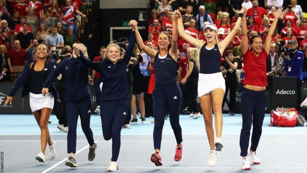 Team GB Katie Boulter, Katie Swan, Johanna Konta, Harriet Dart, Heather Watson and captain Anne Keothavong