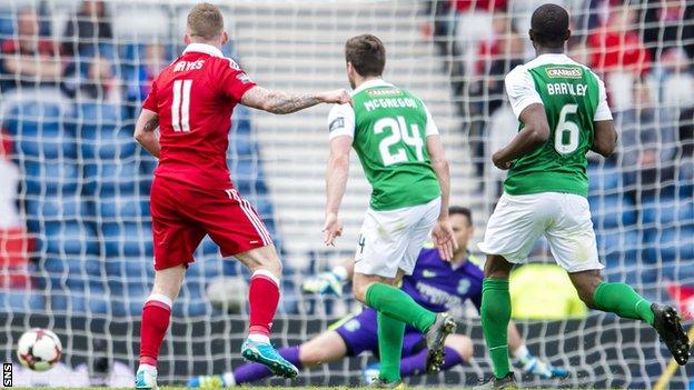 Aberdeen's Jonny Hayes fires the winner with a deflection off Hibs' Darren McGregor