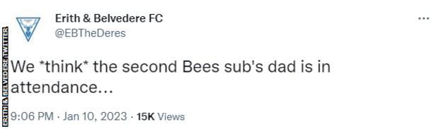 Tweet from Erith & Belvedere saying "We 'think' the second Bees sub's dad is in attendance