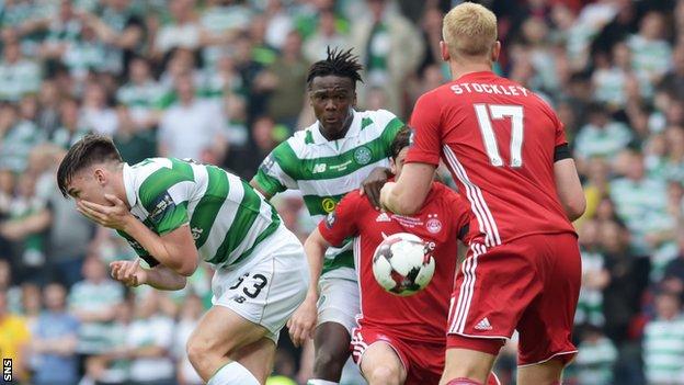 Kieran Tierney of Celtic is hurt during the Scottish Cup final