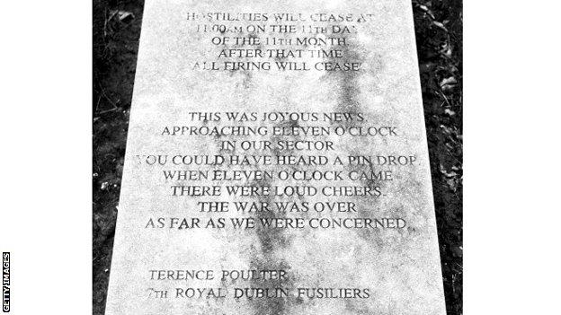 Engraved memorial remembering Armistice Day 1918. Words by Terence Poulter of the Royal Dublin Fusiliers, the regiment William Manning served in
