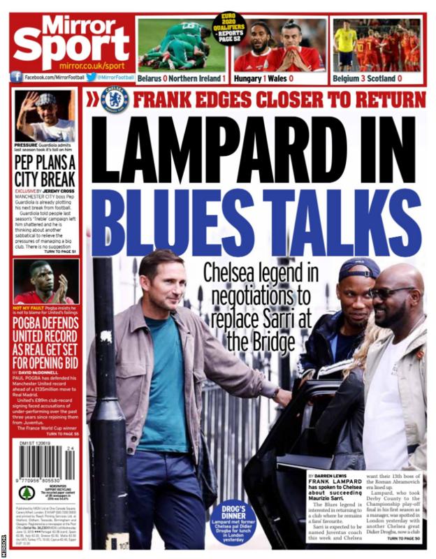 Wednesday's Mirror back page reads: 'Lampard in Blues talks'