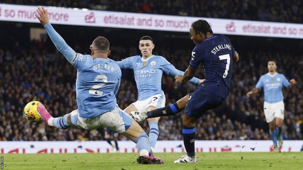 Raheem Sterling scores to put Chelsea 1-0 ahead against Manchester City