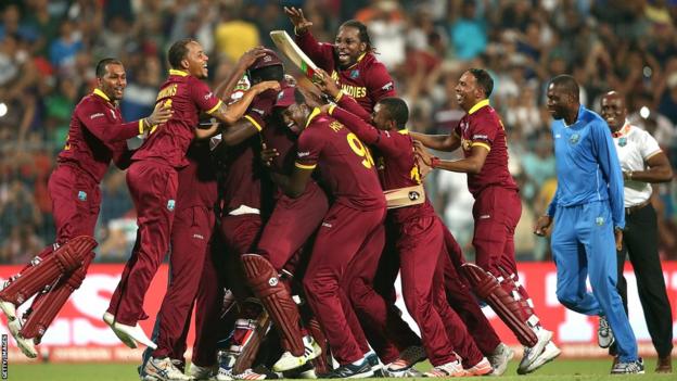West Indies team celebrate beating England in the 2016 T20 World Cup final