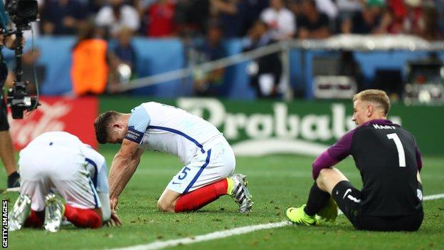 England players react after losing to Iceland in the UEFA Euro 2016 Round of 16 at Stade de Nice in Nice, France on 27 June 2016.