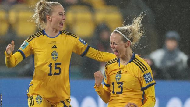 Sweden's Amanda Ilestedt (right) celebrates her winning goal against South Africa