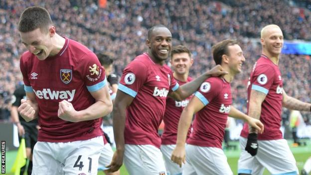 Declan Rice celebrates scoring for West Ham against Arsenal