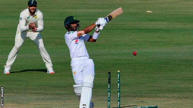 Pakistan's Hasan Ali being bowled by Kagiso Rabada in the first Test in Karachi