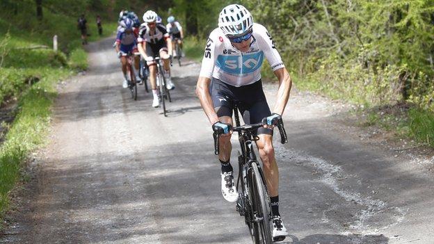 Chris Froome in action during the 101st Giro d'Italia, stage 19 - a 185km stage from Venaria Reale to Bardonecchia - Jafferau