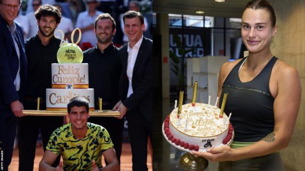 Madrid Open organisers contiguous   Carlos Alcaraz with a day   barroom   and Aryna Sabalenka poses with her cake