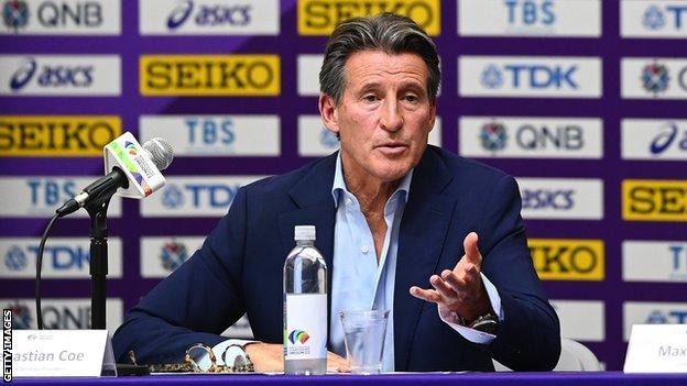 Lord Sebastian Coe at a news conference ahead of the World Athletics Championships