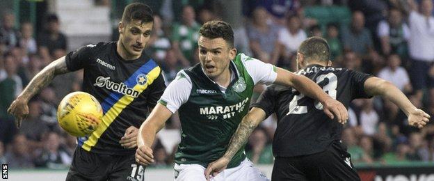 John McGinn is sandwiched by two Asteras Tripolis players