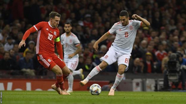 Wales midfielder Aaron Ramsey in action against Spain at the Principality Stadium in 2018