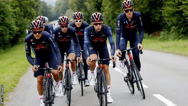 Richard Carapaz of Ecuador, Richie Porte of Australia, Geraint Thomas of The United Kingdom, Jonathan Castroviejo of Spain & Dylan Van Baarle of The Netherlands and Team INEOS Grenadiers during 108th Tour de France 2021, Training