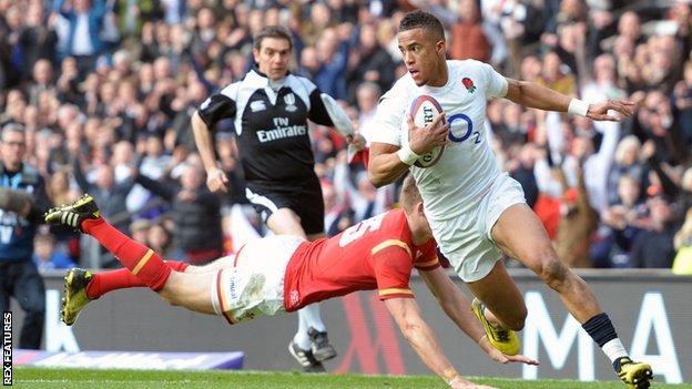 Anthony Watson scores England's first try against Wales