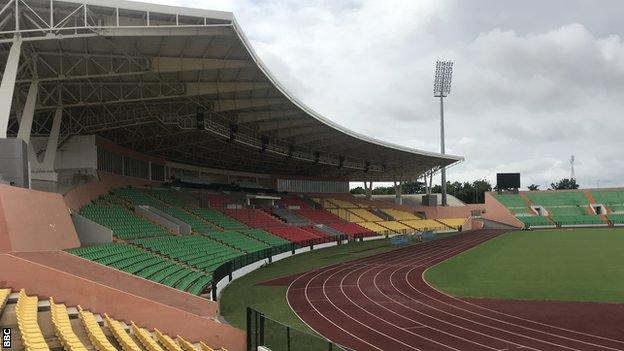 The main stand at the Roumde Adjia stadium in Garoua, Cameroon, in August 2021