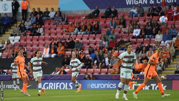 Danielle van de Donk scores the third goal for the Netherlands against Portugal at Euro 2022