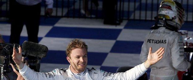 Nico Rosberg celebrates as Lewis Hamilton walks away