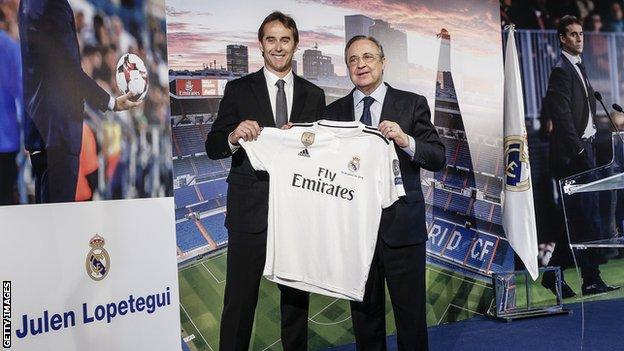 Julen Lopetegui with Real Madrid president Florentino Perez