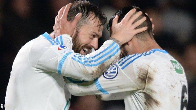 Steven Fletcher (left) celebrates scoring for Marseille