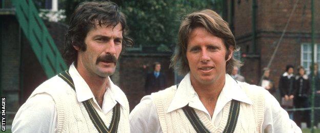 Australia fast bowlers Dennis Lillee and Jeff Thomson